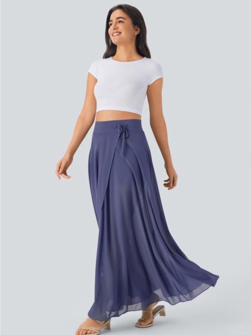 High Waisted Drawstring Contrast Mesh 2 in 1 Pocket Flowy Maxi Flare Skirt